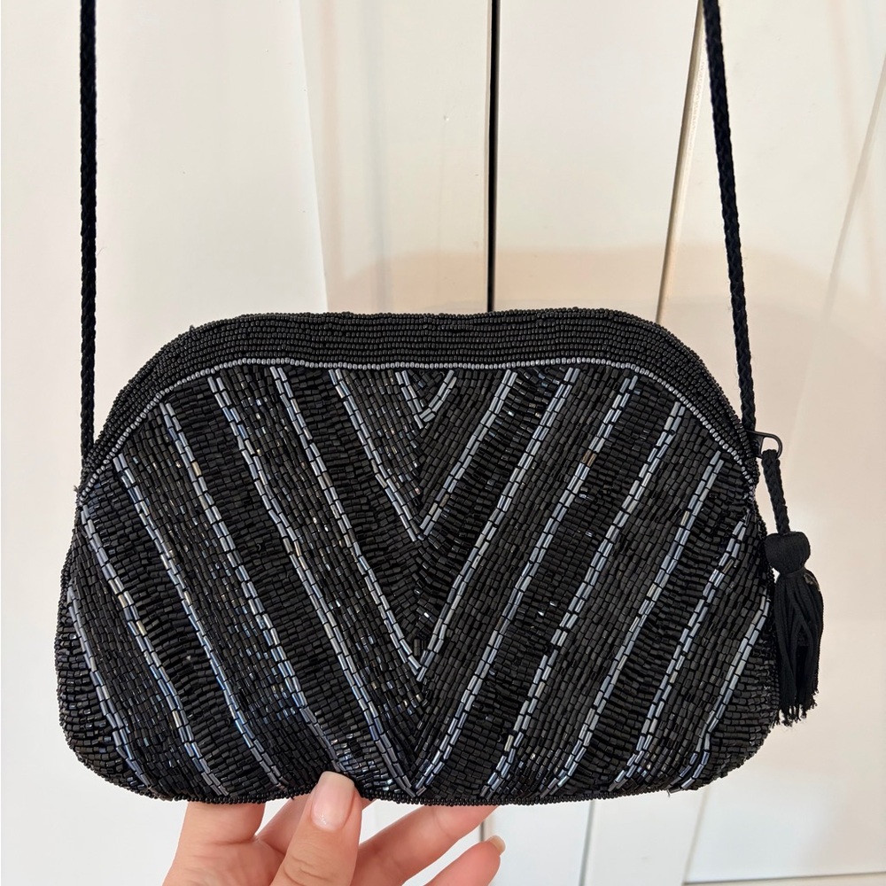 Black Beaded Shoulder Bag 9x 6”